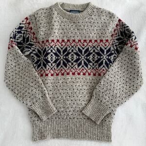 Vintage Lands End Sweater Men Small Fair Isle Wool Knit Nordic Ski Fisherman